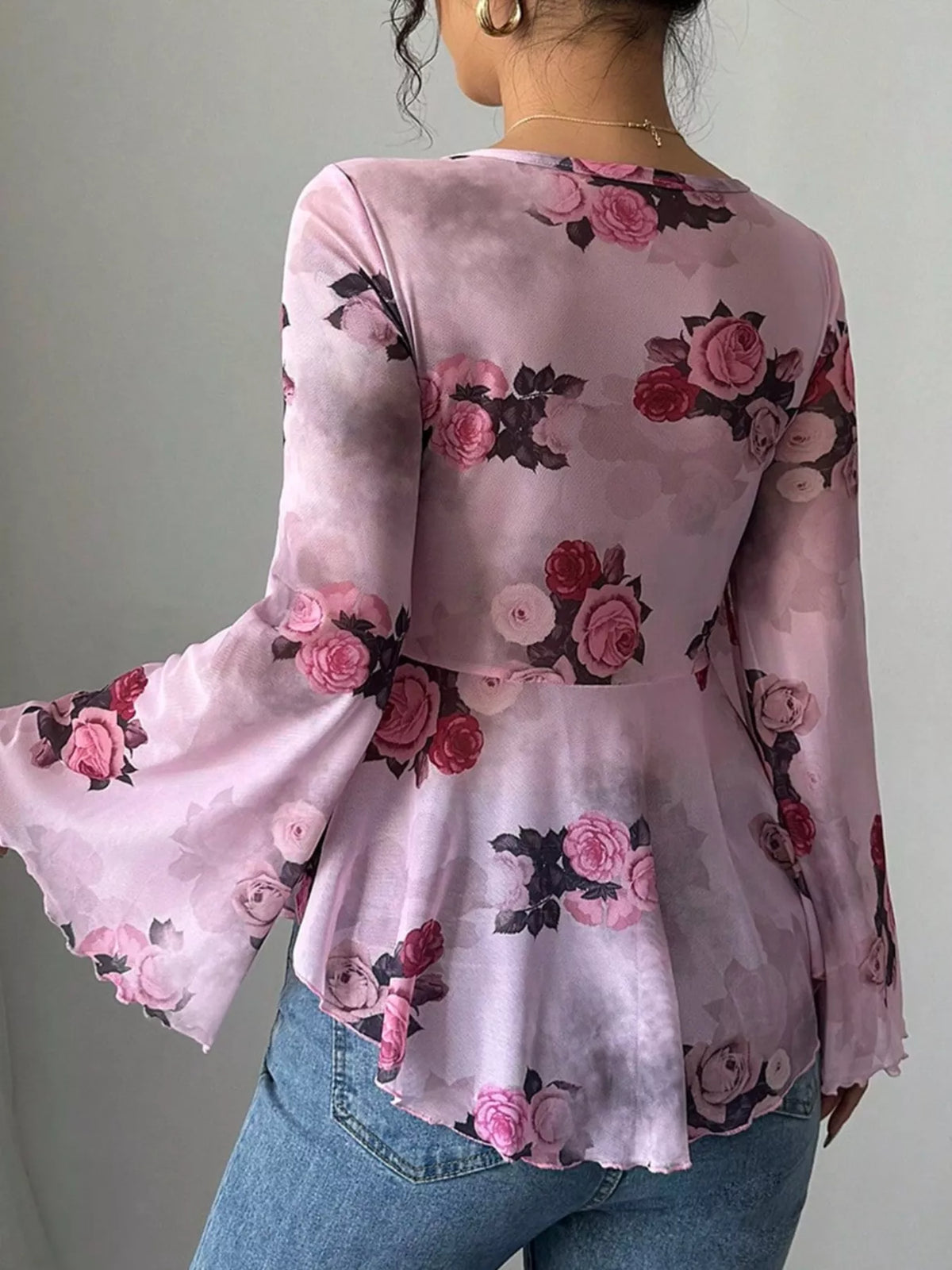 Floral Print Tie Front Flare Sleeve Blouse