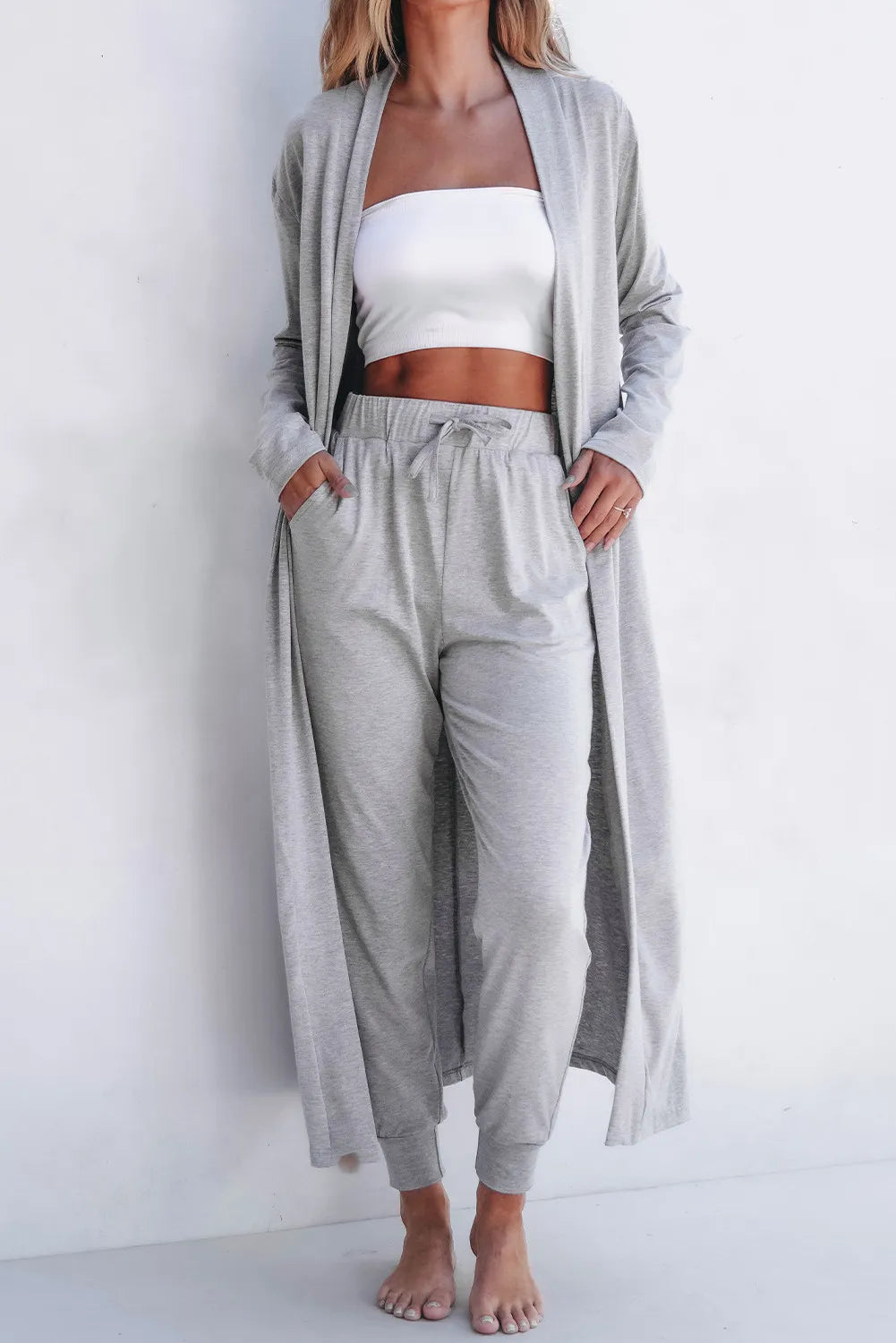 Open Front Long Sleeve Cardigan and Pants Lounge Set - Ladyez