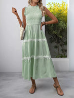 Smocked Striped Lace Trim Sleeveless Midi Dress