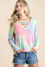 BiBi Tie Dye French Terry V-Neck Top with Strapped