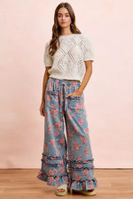 BiBi Washed Floral Denim With Ruffle Elastic Wide Pants