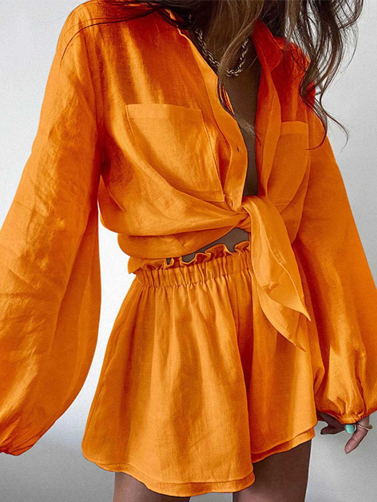 Full Size Button Up Balloon Sleeve Top and Shorts Set Plus Size - Ladyez