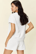 Double Take Full Size Texture Short Sleeve T-Shirt and Drawstring Shorts Set - Ladyez