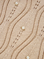 Pearl Beaded Pointelle Knit V Neck Lace Patchwork Sleeve Sweater
