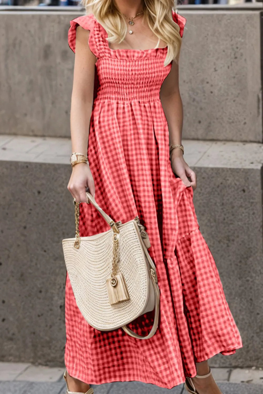Full Size Smocked Ruffled Plaid Ruffle Hem Dress - Ladyez