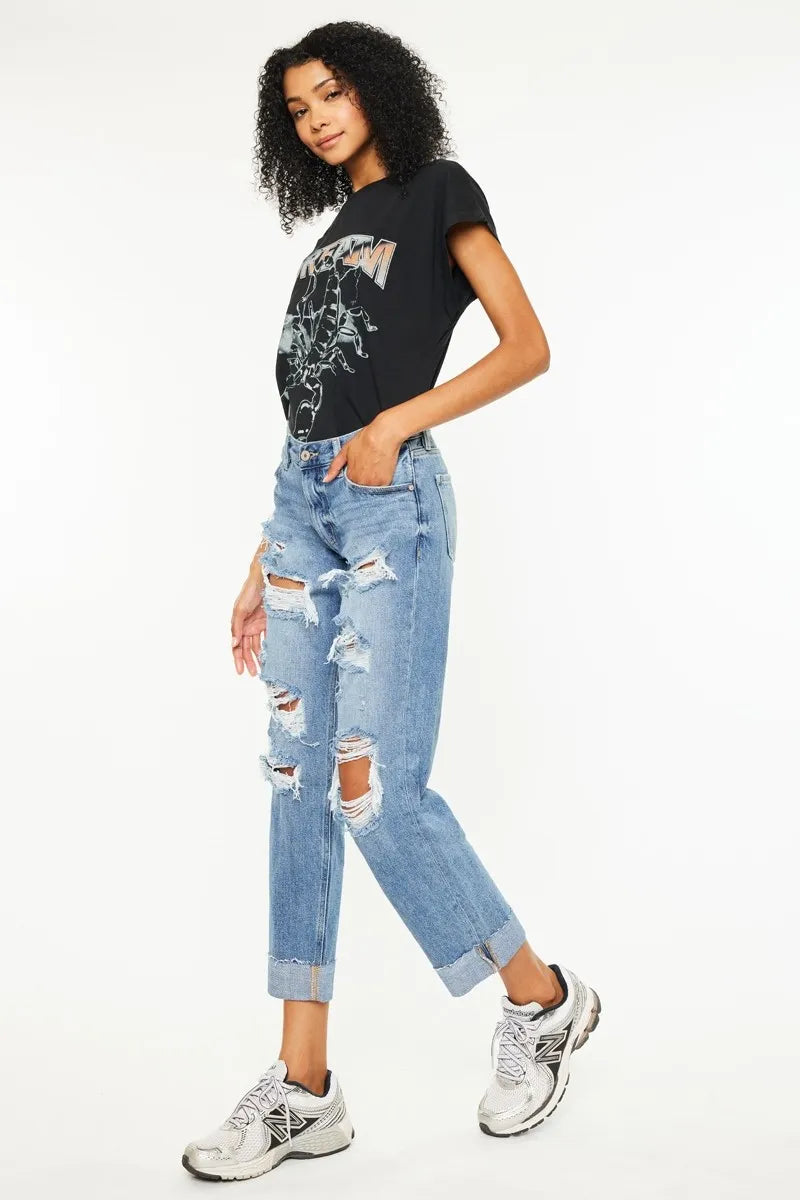 Kancan Mid Rise Distressed Boyfriend Fit Jeans - Ladyez