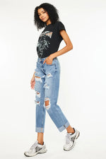 Kancan Mid Rise Distressed Boyfriend Fit Jeans - Ladyez