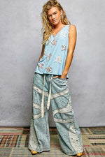 POL Washed Ribbed V-Neck Tank with Floral Print Star Patch