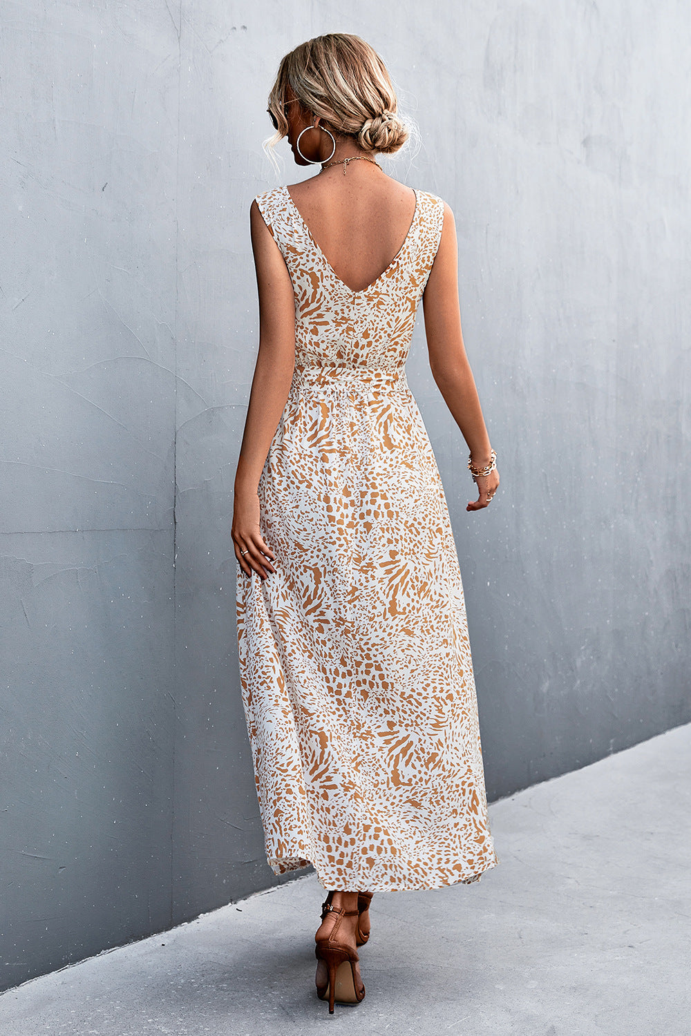 Printed V-Neck Tie Waist Maxi Dress - Ladyez