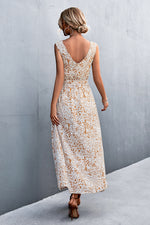 Printed V-Neck Tie Waist Maxi Dress - Ladyez