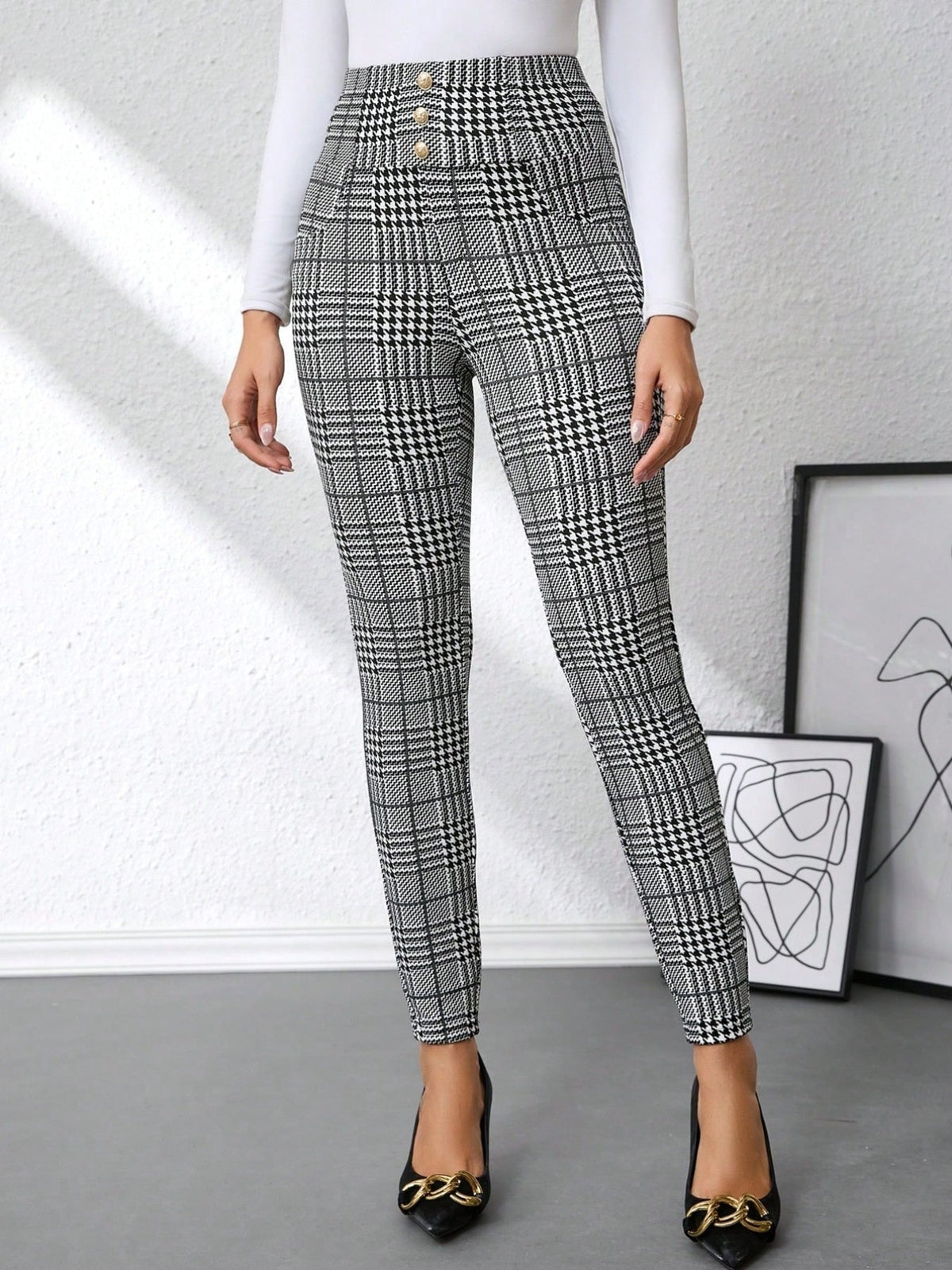 High Waist Plaid Slim Fit Pants