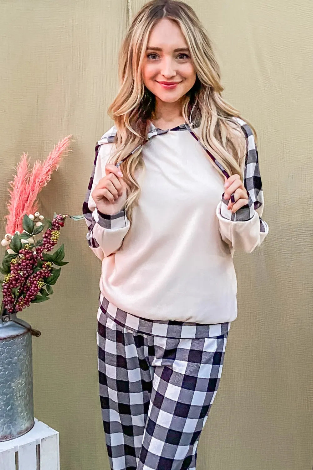 And The Why Drawstring Hooded Top and Plaid Pants Lounge Set - Ladyez