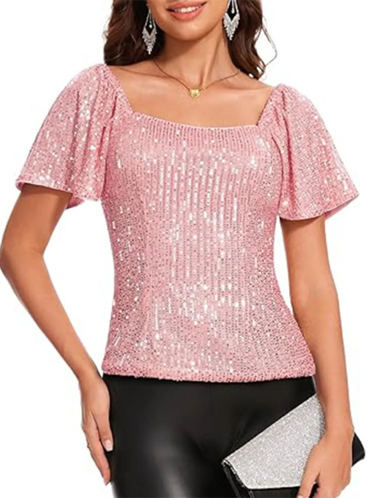 Square Neck Sequin Short Sleeve Blouse - Ladyez