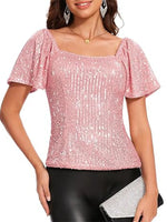 Square Neck Sequin Short Sleeve Blouse - Ladyez
