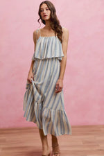 SO ME Stripe Tiered Shoulder Tie Midi Lined Dress