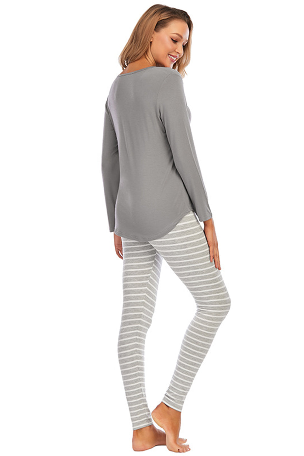 Graphic Round Neck Top and Striped Pants Set - Ladyez