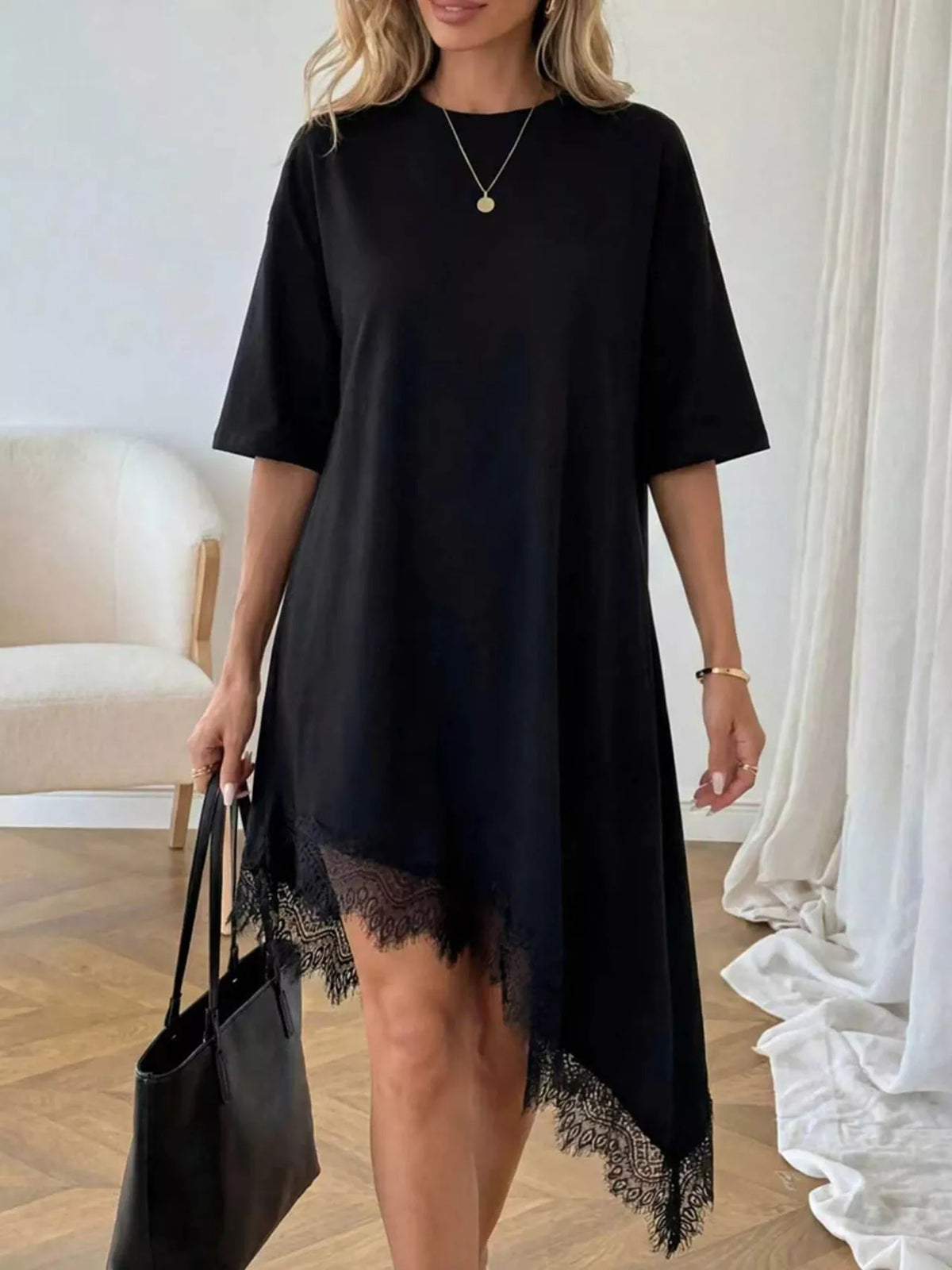 Lace Trim Asymmetrical Hem T-shirt Dress