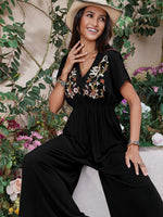 Embroidered Ruched Short Sleeve Jumpsuit - Ladyez