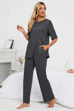 Slit Round Neck Top and Pants Lounge Set - Ladyez