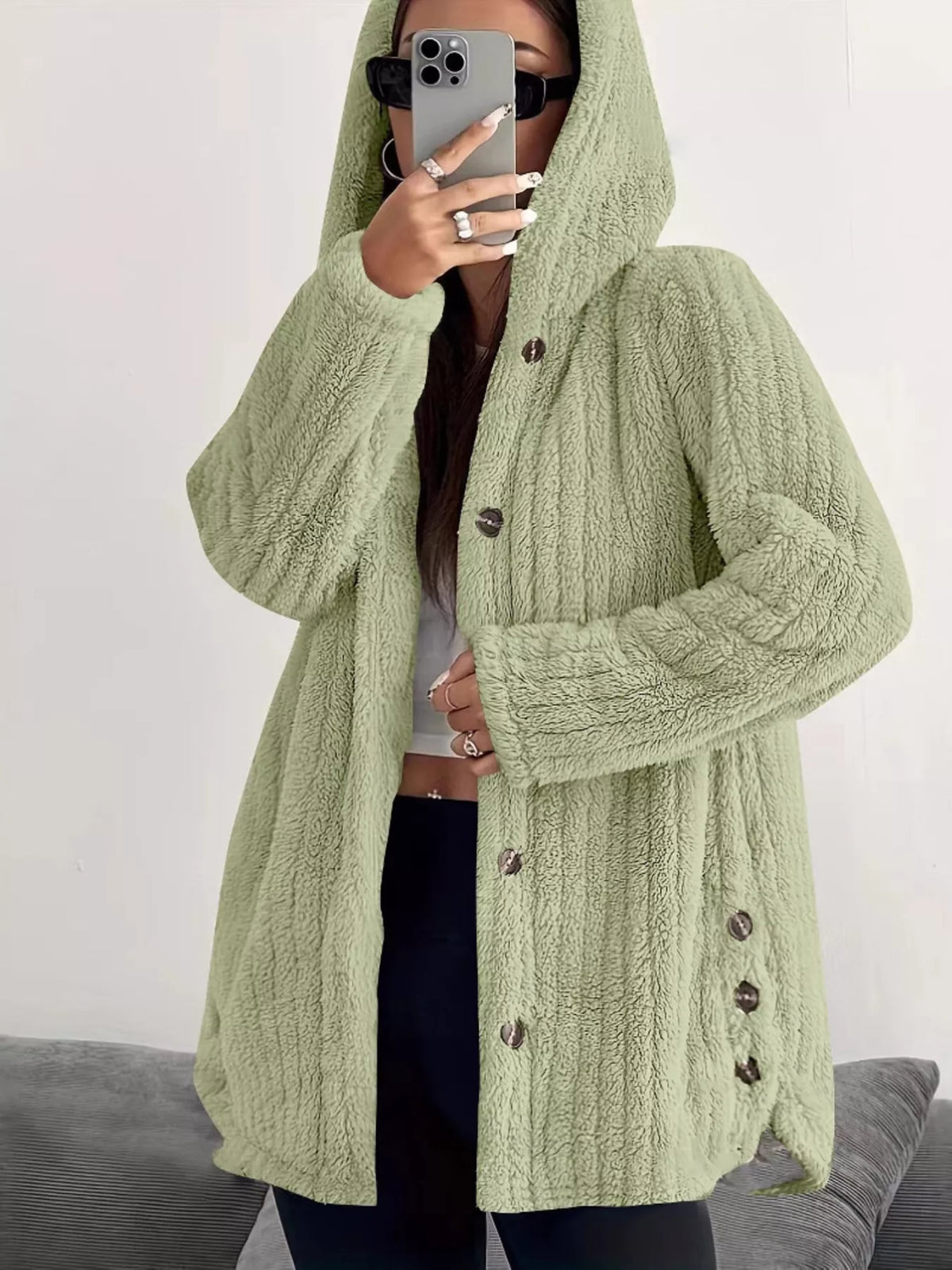 Full Size Fleece Button Up Hooded Outerwear Plus Size