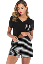 Striped Short Sleeve Top and Shorts Lounge Set - Ladyez