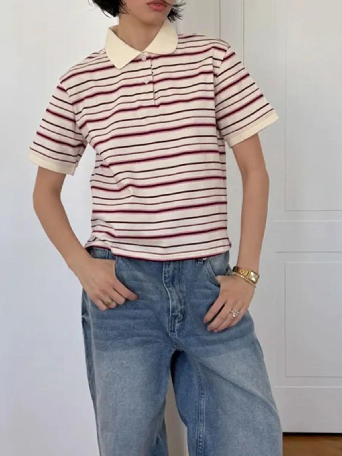 Striped Polo T-Shirt with Contrast Collar - Ladyez