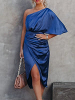 One-Shoulder Satin Wrap Dress with Side Slit - Ladyez