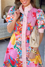 Floral Print Striped Trim Button Down Short Sleeve Maxi Dress
