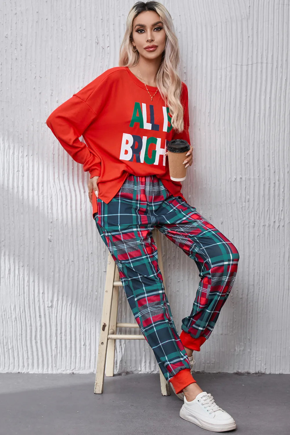 ALL IS BRIGHT Round Neck Top and Plaid Pants Lounge Set - Ladyez