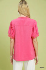 Umgee Embroidery Linen Puff Sleeve Blouse