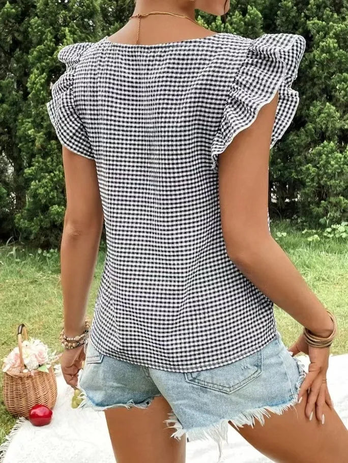 Ruffle Sleeve Gingham Square Neck Top - Ladyez