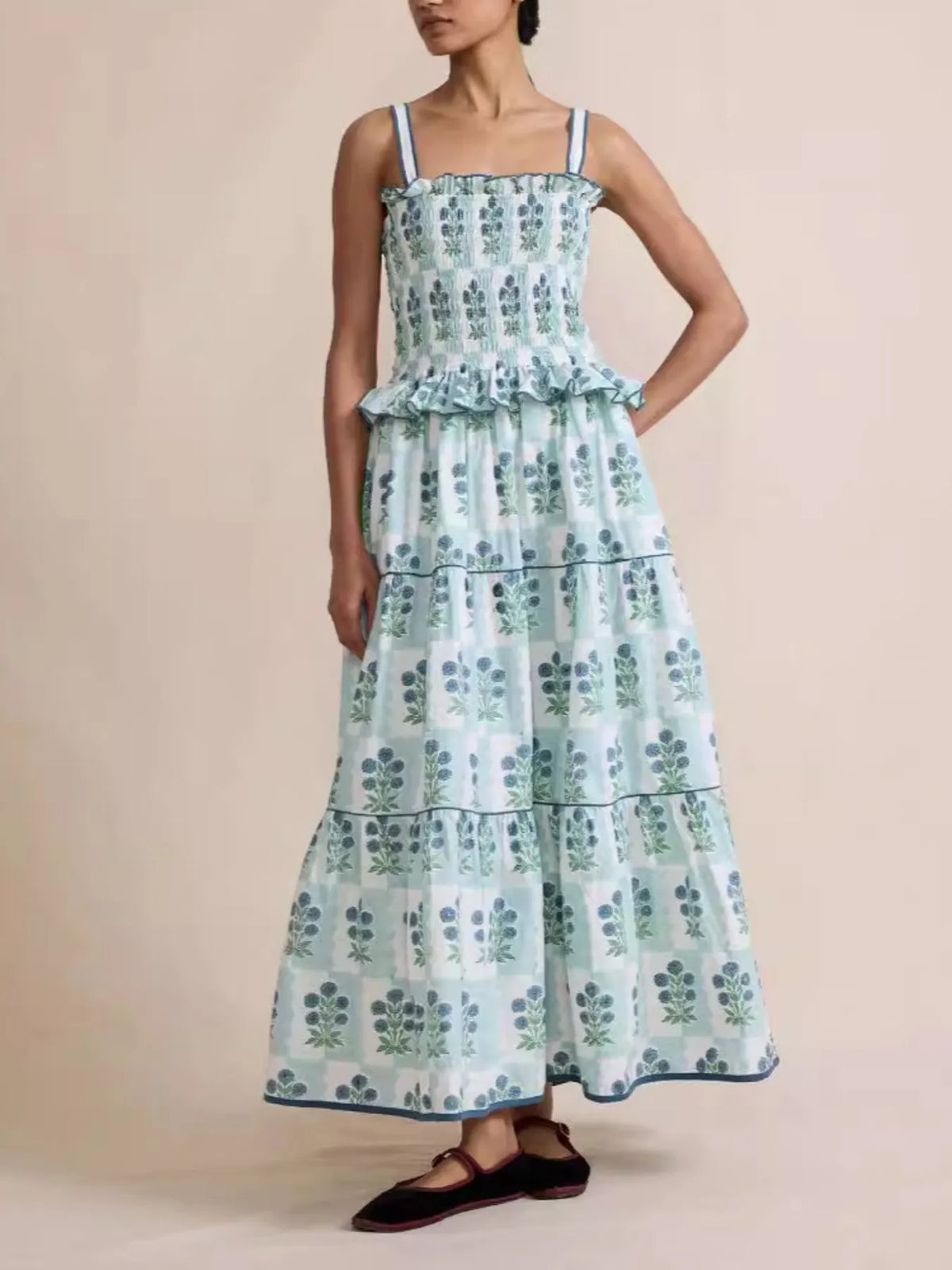 Bohemian Floral Print Smocked Tiered Maxi Dress - Ladyez
