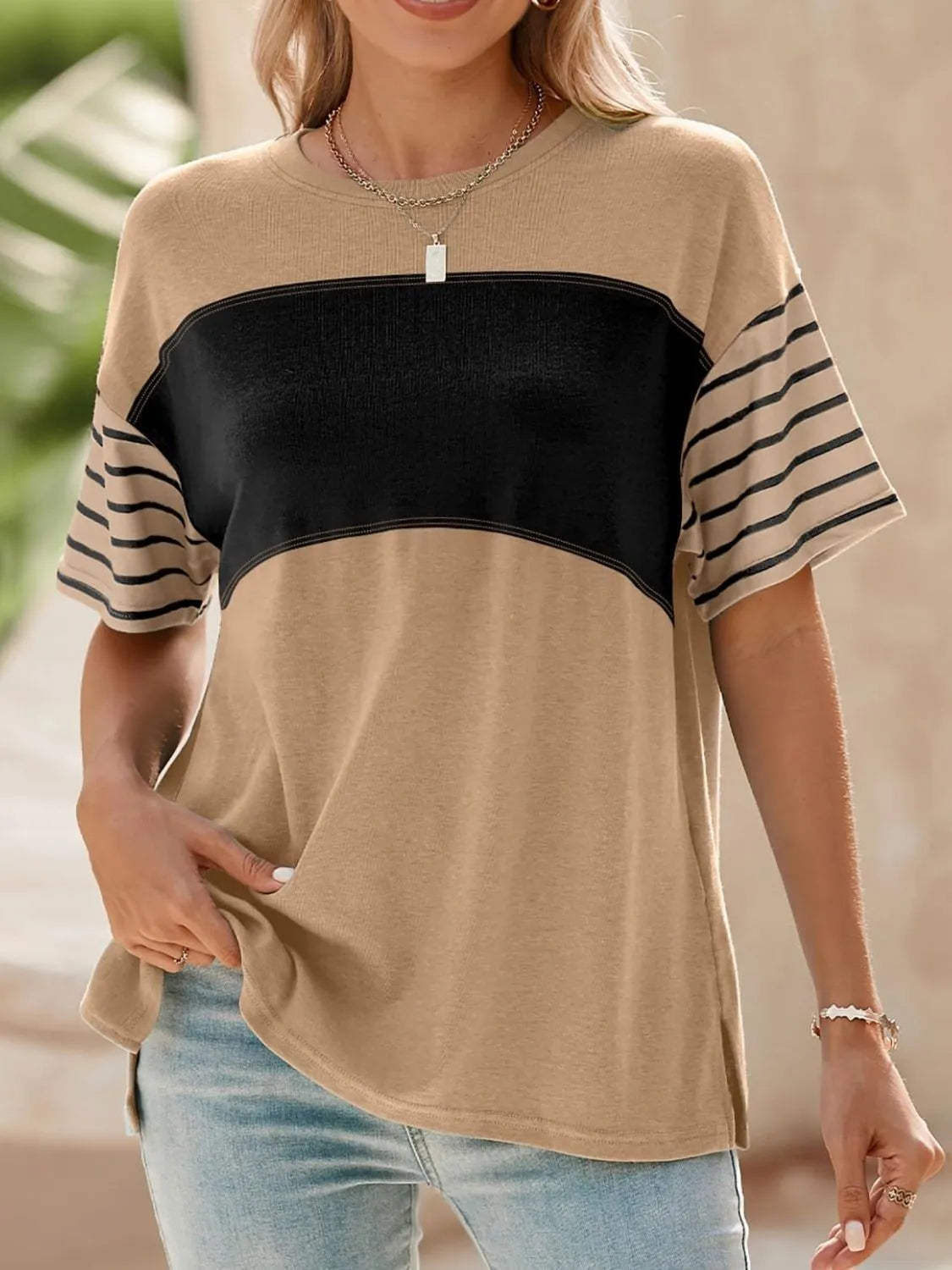 Color Block Striped Sleeve Casual T-Shirt - Ladyez