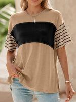 Color Block Striped Sleeve Casual T-Shirt - Ladyez
