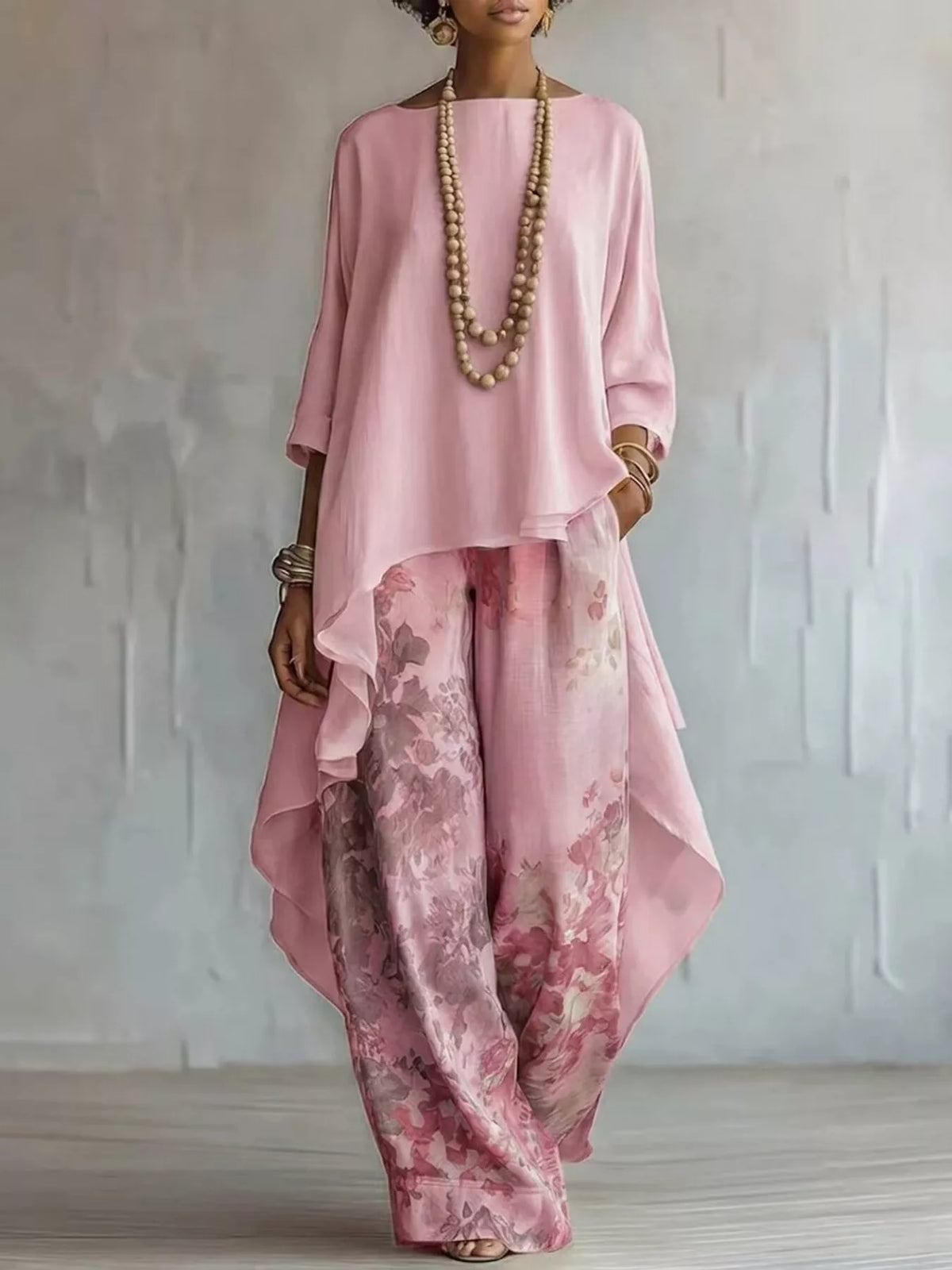 Asymmetrical Hem Top and Floral Pants Set