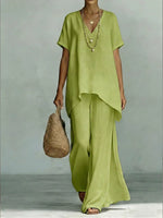 Full Size V-Neck Top and Wide-Leg Pants Set Plus Size