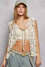 POL Tie Front Floral Pattern Crochet Vest with Scalloped Edge