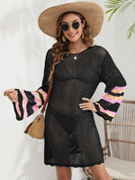 Openwork Contrast Long Sleeve Cover-Up - Ladyez
