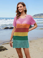 Openwork Round Neck Short Sleeve Cover-UP - Ladyez