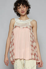 POL Crochet Lace Plaid Panel Detail Tank - Ladyez