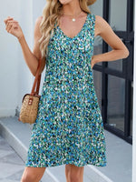 Printed V-Neck Sleeveless Mini Dress with Pockets - Ladyez