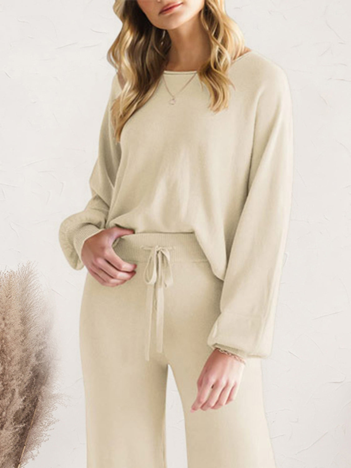 Long Sleeve Lounge Top and Drawstring Pants Set - Ladyez