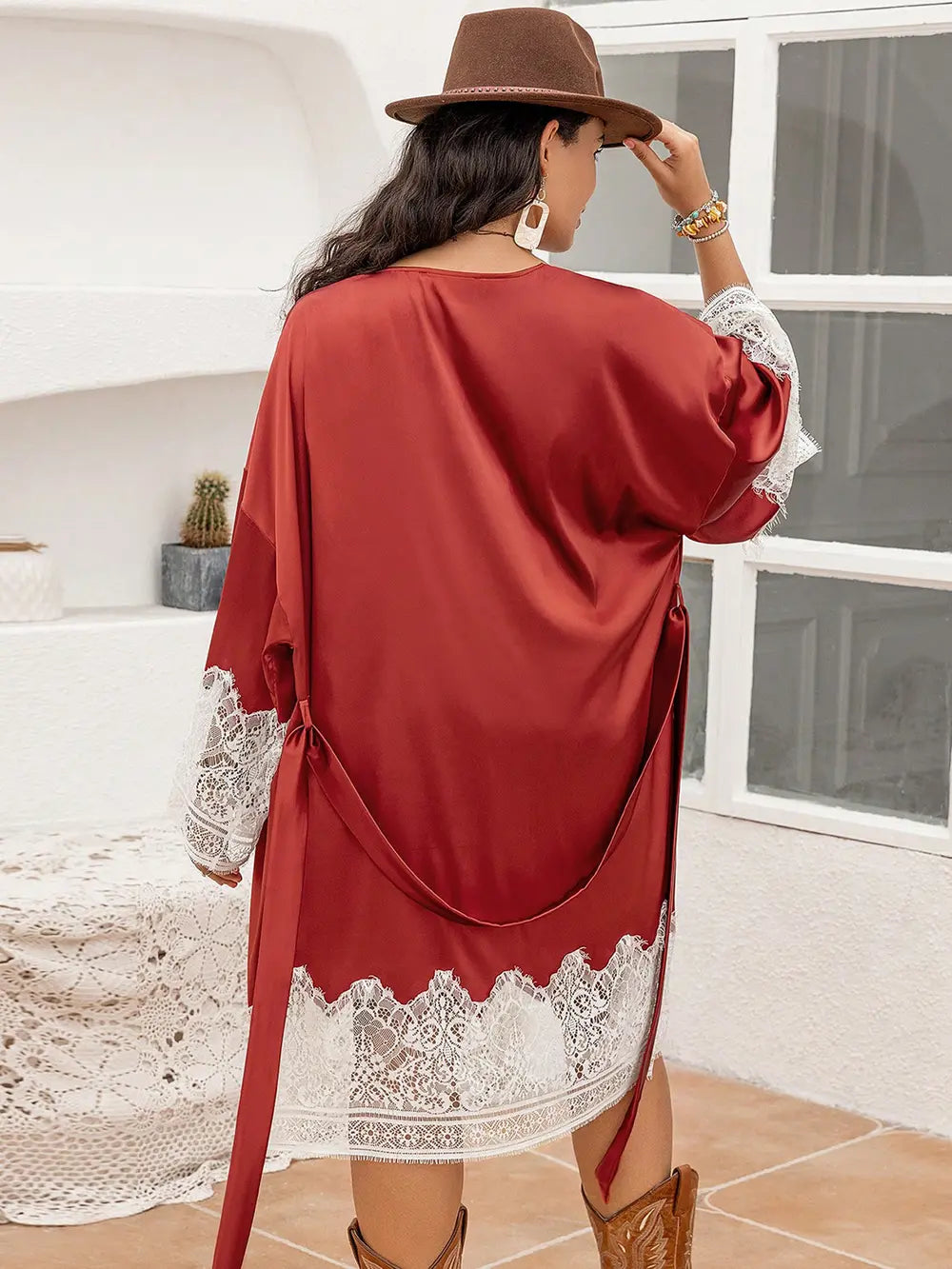 Plus Size Lace Patchwork Tie Front Robe - Ladyez