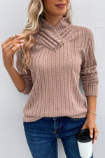 Perfee Ribbed Turtleneck Long Sleeve Sweater