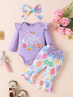 Children's Letter Ruffled Trim Bodysuit and Pants Set with Headband