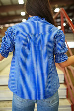 Stripe Ruffled Short Puff Sleeve Button Front Blouse