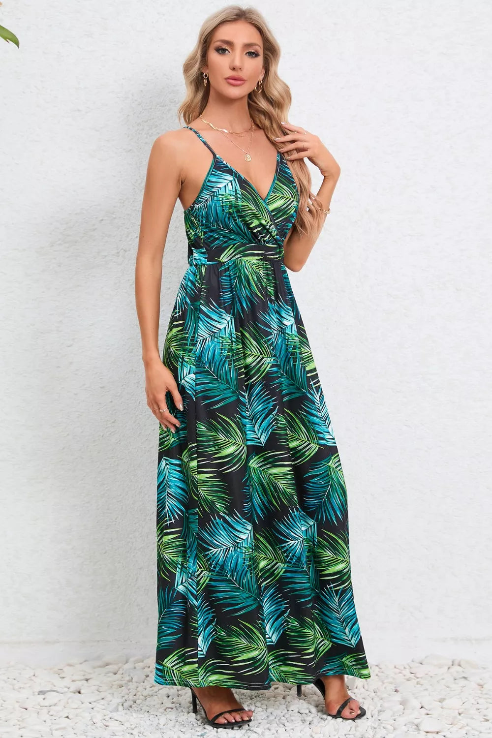 Printed Surplice Maxi Cami Dress - Ladyez