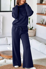 Solid Color Cowl Neck Drawstring Pullover Wide Leg Athleisure Pants Set