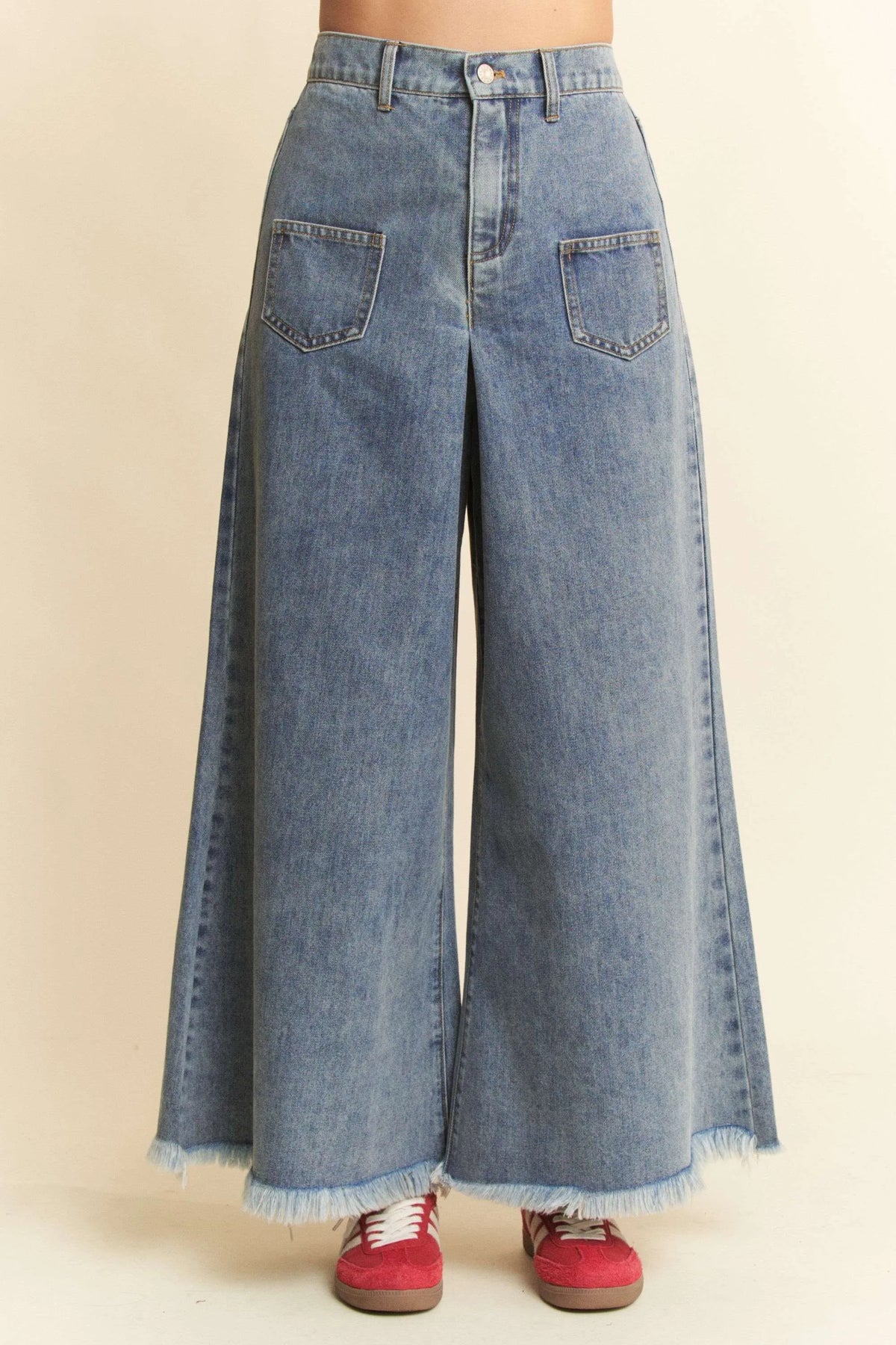 Davi & Dani Patch Pocket Wide Leg Culotte Jeans - Ladyez