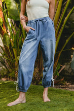 BiBi Striped Tape Details With Bot Tied Point Elastic Waist Jeans - Ladyez